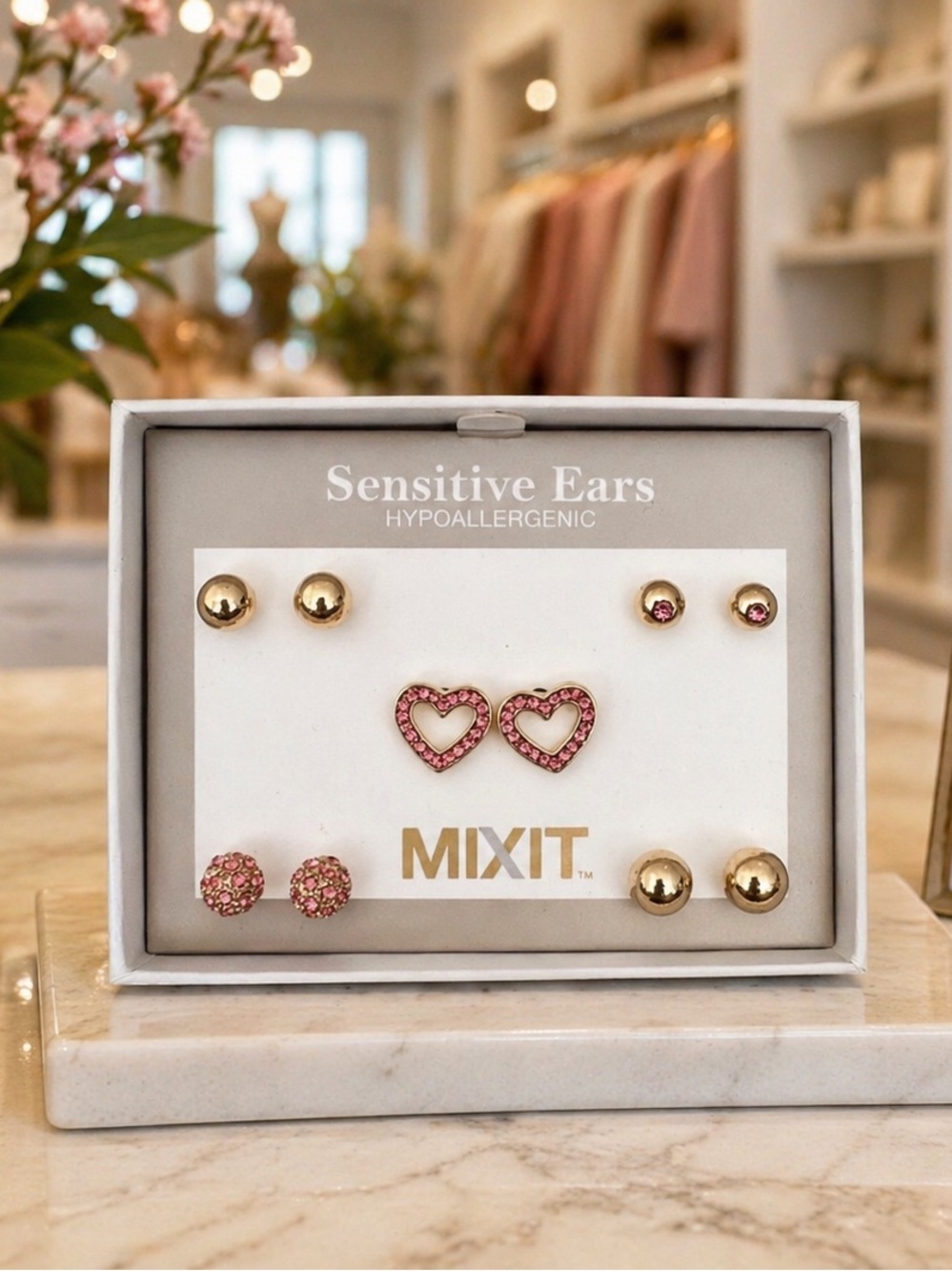 Mixit Sensitive Ears Hypoallergenic Pink Heart 5 Pair Earring Set NWOT
